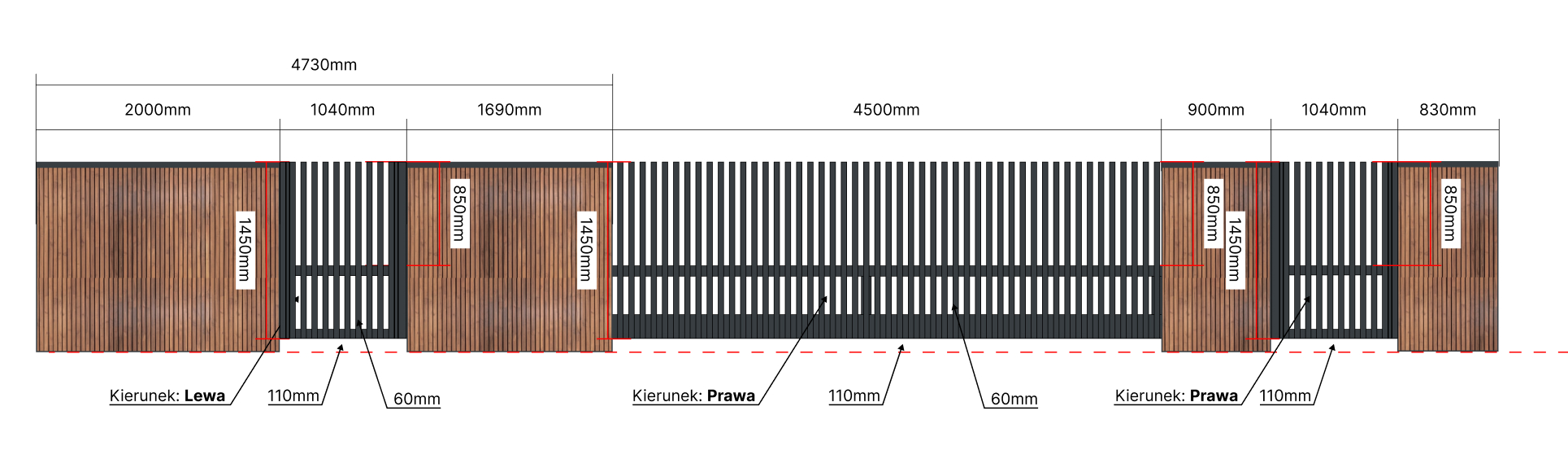 wizualizacja ogrodzenia grzebieniowego R09 rzut 2D